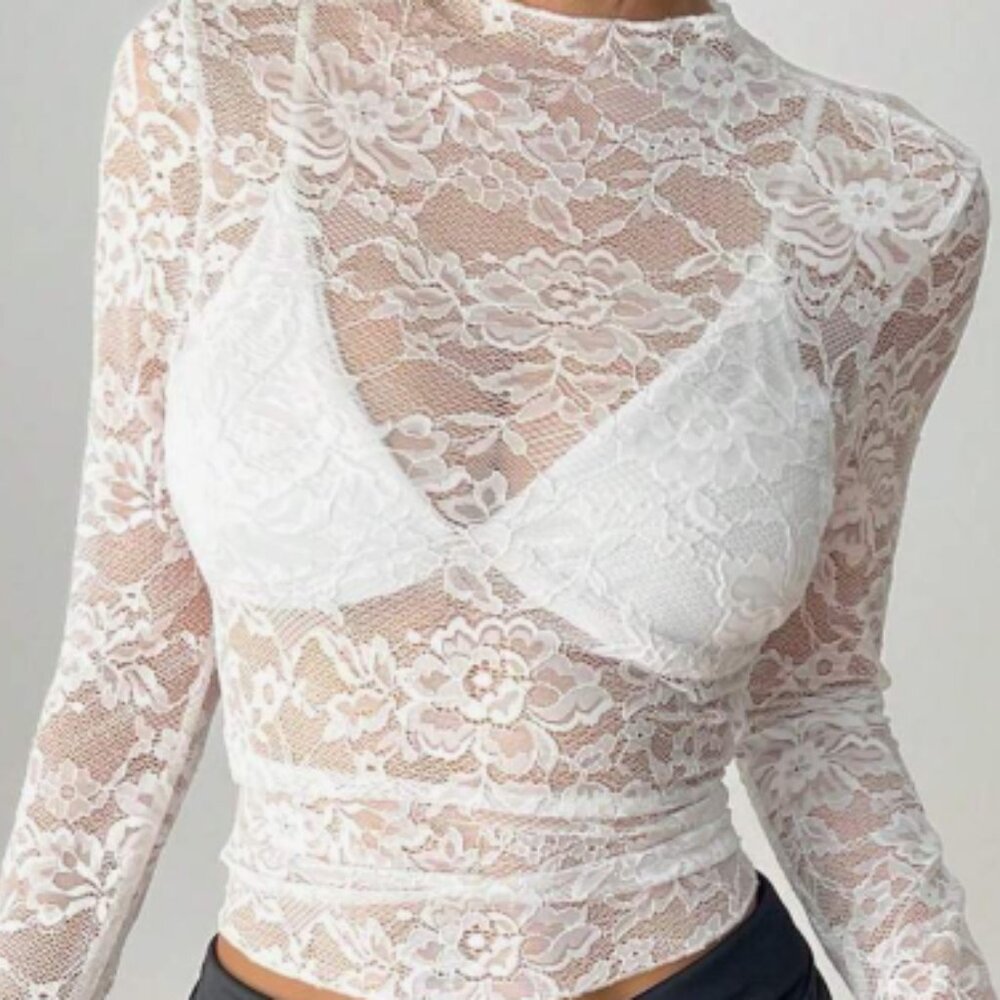 Women’s White Lace Sheer Blouse – Size Medium- NEW (w/out tags)